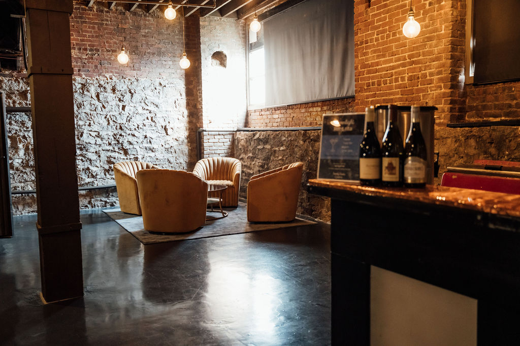 Lounge seating inside the historic speakeasy event space at Terminus 330 in Atlanta.